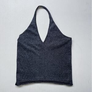 DKNY Black Silver Sparkly Halter Top / Sz L / Y2K Minimal Glam Going Out